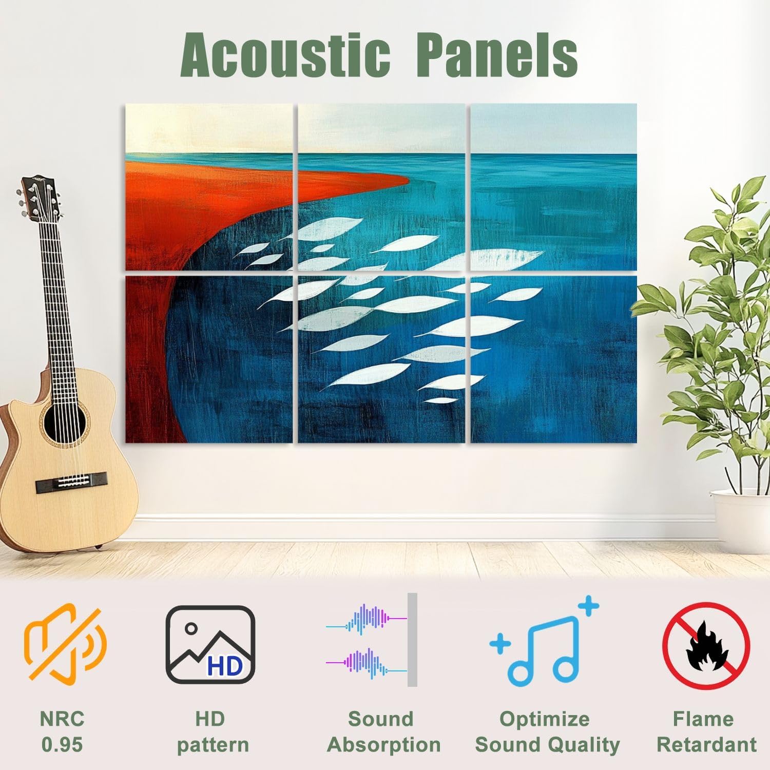 6 Pack Art Acoustic Panels Sound Absorbing Abstract Ocean Red Sunset Modern Flowers Leaves Shapes Fluid Forms Decorative Soundproof Wall Panels Self Adhesive for Recording Studios Office 72