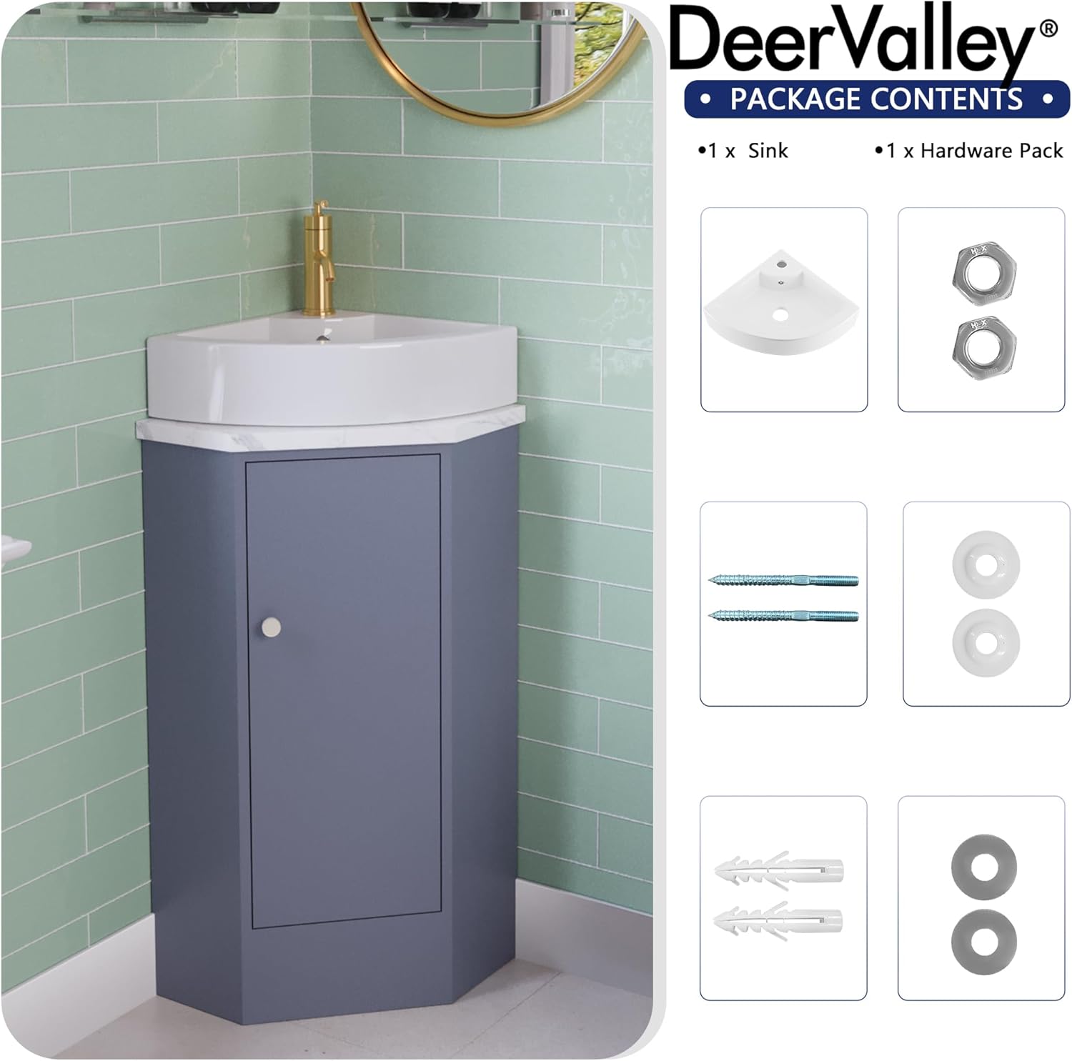 DeerValley 18x13 Inch White Triangle Ceramic Wall Mount Sink, Above Counter Porcelain Bathroom Small Corner Sink with Faucet Hole and Overflow, DV-1V0222
