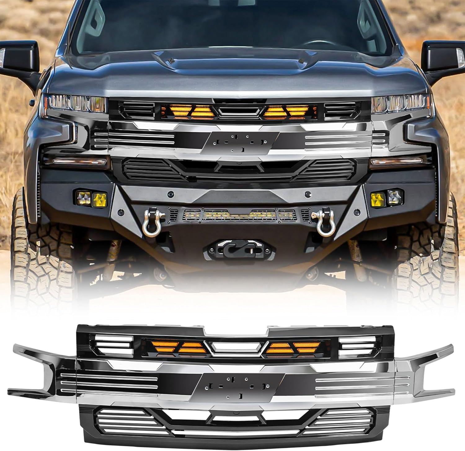 AMERICAN MODIFIED Armor Grille w/Amber Lights, Emblem Base & Cam Bracket for 19-21 Chevy Silverado 1500, Chrome
