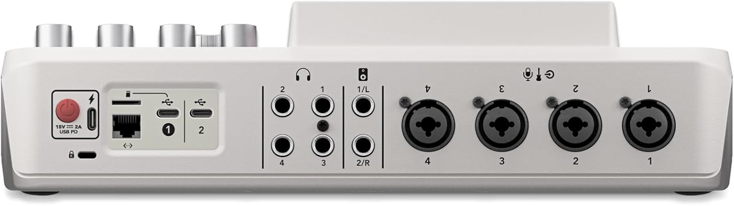 Rode RODECaster Pro II (White) Audio Production Console with 4x PodMic Microphones, PSA1+ Professional Boom Arms, Over-Ear Headphones, 32GB microSD Card & XLR Cables