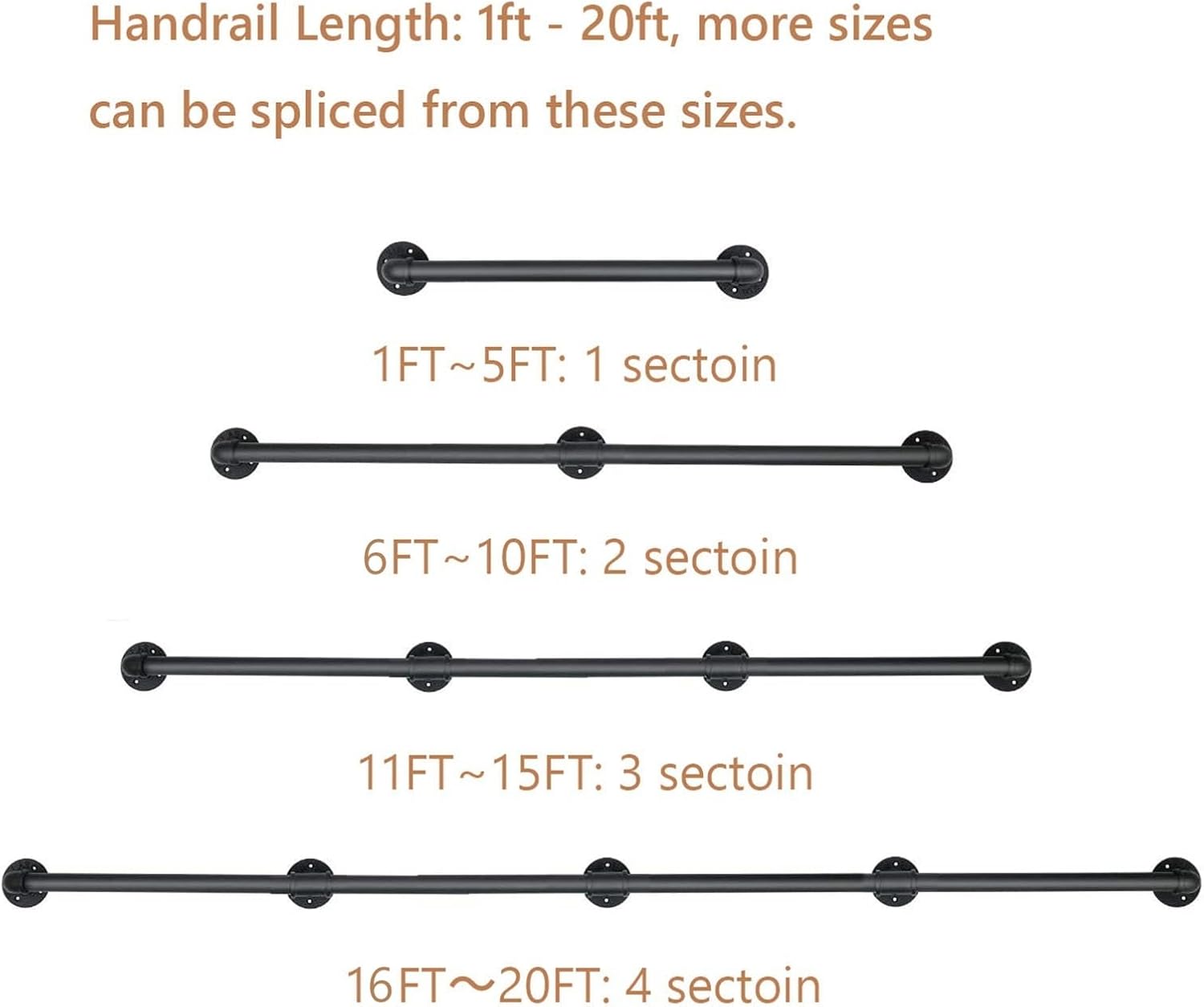 Industrial Pipe Handrail Kit 1ft-20ft, Metal Staircase Handrail Iron Pipe Baluster Stair Hand Railing for Indoor & Outdoor Wall Mount Support, Stairs Porch Deck Hand Rail, Round Corner (Size : 12ft/3