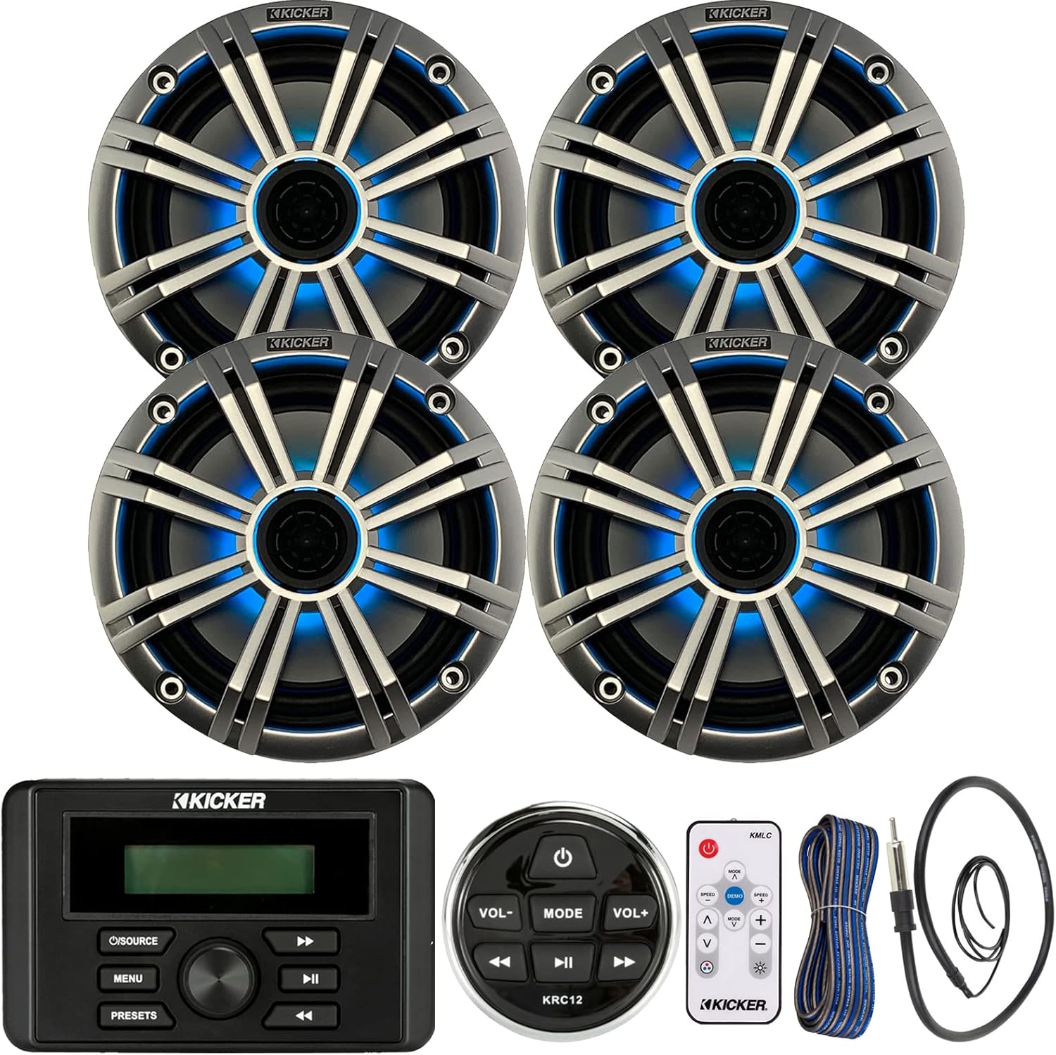 Kicker Marine Bluetooth USB RCA Stereo Receiver w/Remote Bundle with (QTY 4) 6.5