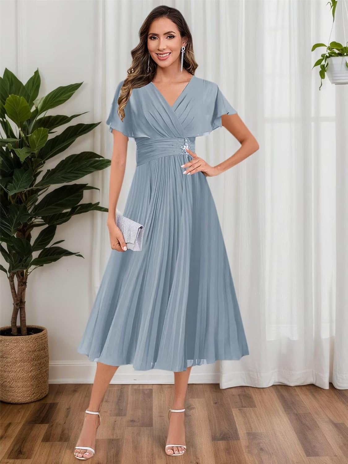 BANTRATIC Tea Length Mother of The Bride Dresses for Wedding Cap Sleeve Chiffon V Neck Pleated Formal Prom Cocktail Gown