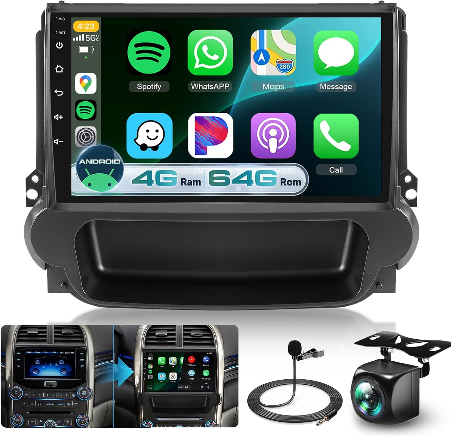 4G+64G Android Car Stereo for Chevy Chevrolet Malibu 2009-2014 with DSP/Wireless Carplay/Android Auto, 9 inch 1280P IPS Touch Screen Car Radio Bluetooth 5.0 FM/RDS Mirrorlink SWC AHD Backup Camera
