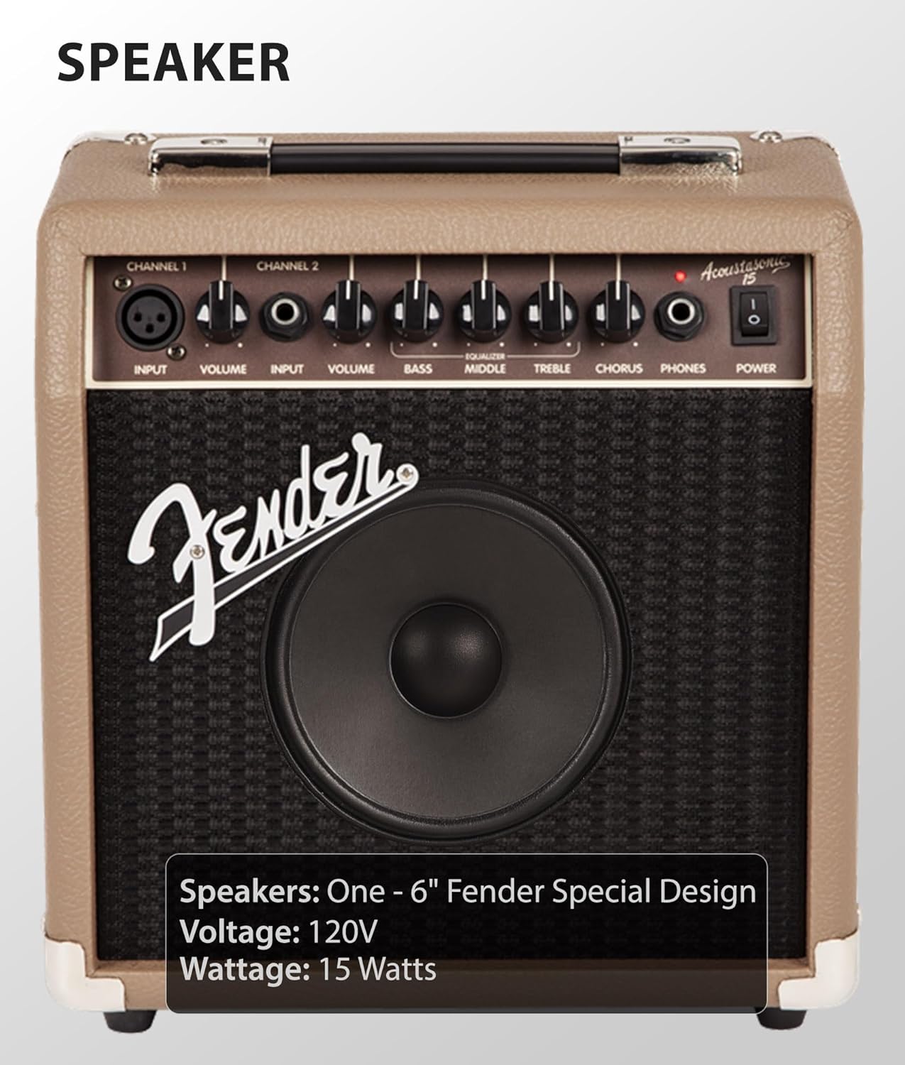 Fender Acoustasonic 15 Acoustic Guitar Amplifier Bundle with Instrument Cable, Picks, and Austin Bazaar Polishing Cloth
