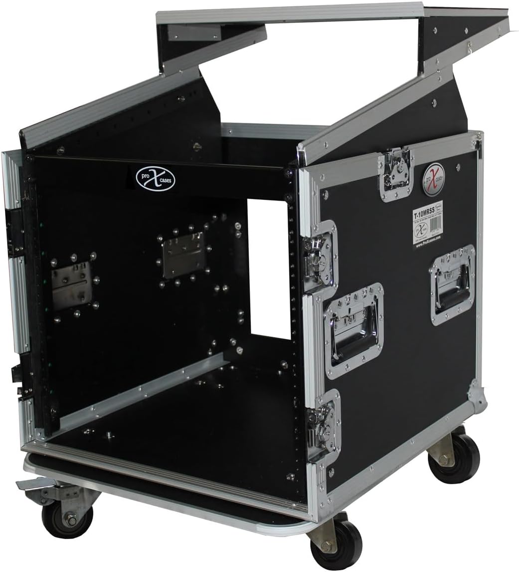 ProX Cases T-10MRLT 10 Space 10U Top Load Slant DJ Mixer Road Gig Ready Flight Combo Rack w/Gliding Laptop Shelf
