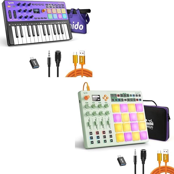 Synido Wireless USB C MIDI Controller Keyboard 25 Keys and Wireless MIDI Pad Controller Bundle