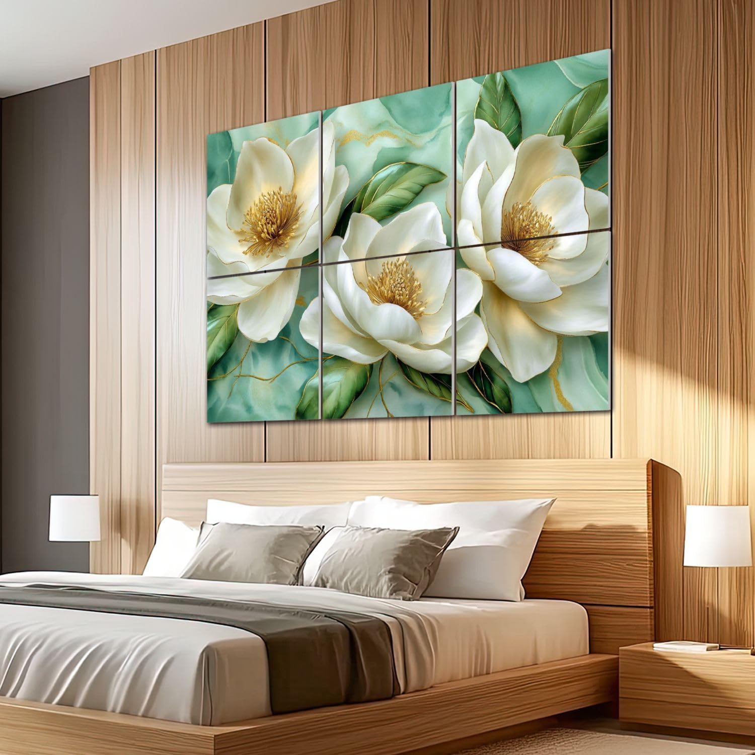 6 Pack Art Acoustic Panels Sound Absorbing Vintage Marble Floral Gold Green White Metal Flowers Magnolia Accents Decorative Soundproof Wall Panels Self Adhesive for Recording Studios Office 72