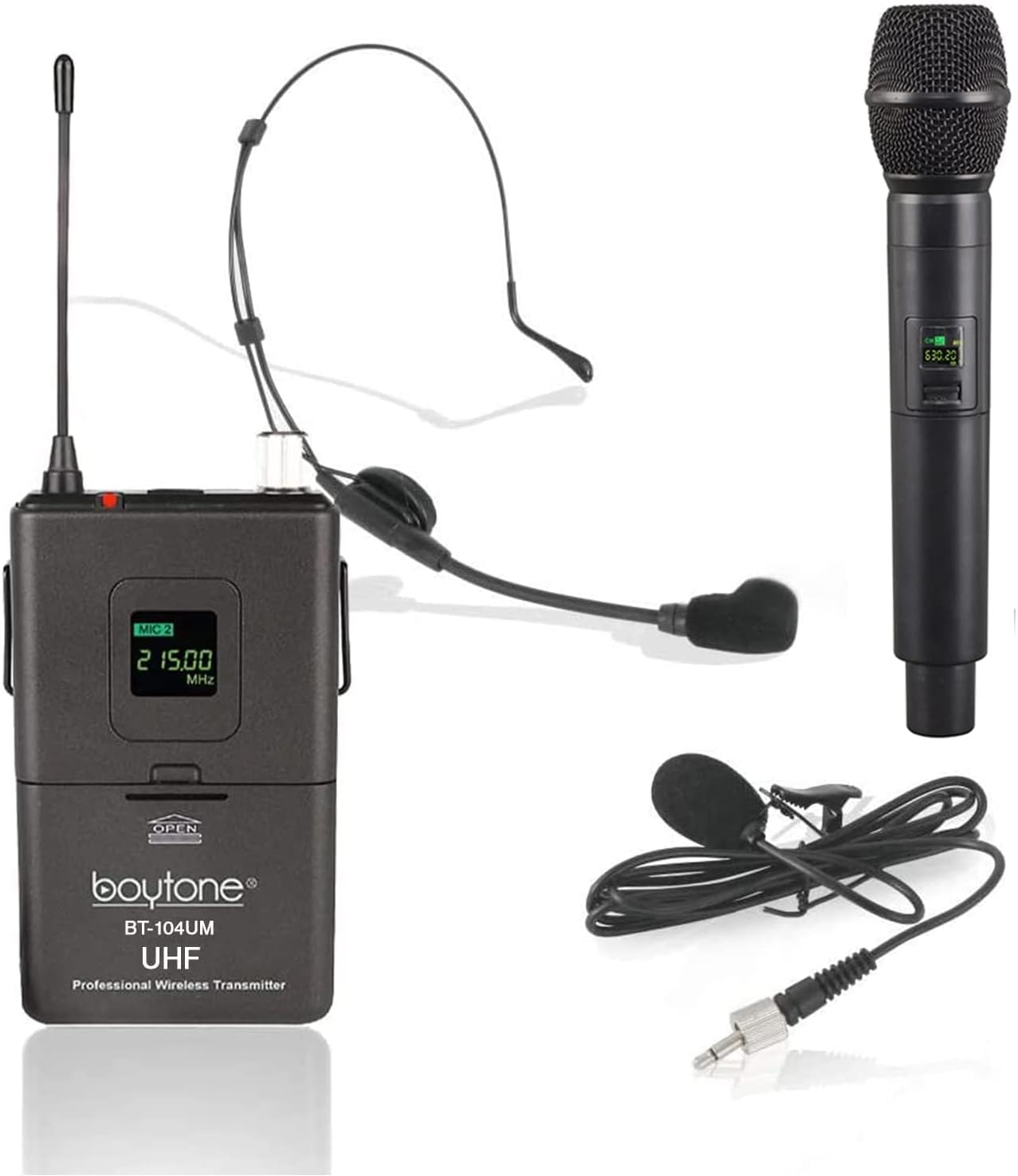 Boytone, UHF Wireless Microphone System, Dual fix Channel Handheld Dynamic Mics/Lapel/Headset/Body Pack, for Home Party, Meeting, Wedding, Church, with Aluminum Carrying case, 110/220 (BT-104UM)