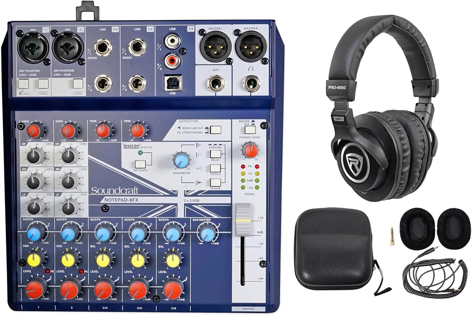 Audiosavings Bundle: Soundcraft Notepad-8FX 8-Channel Podcast Mixer Podcasting Interface, USB+Effects Bundle with Rockville PRO-M50 Studio Headphones w/Detachable Coil Cable, Case+Ear Pad (2 Items)