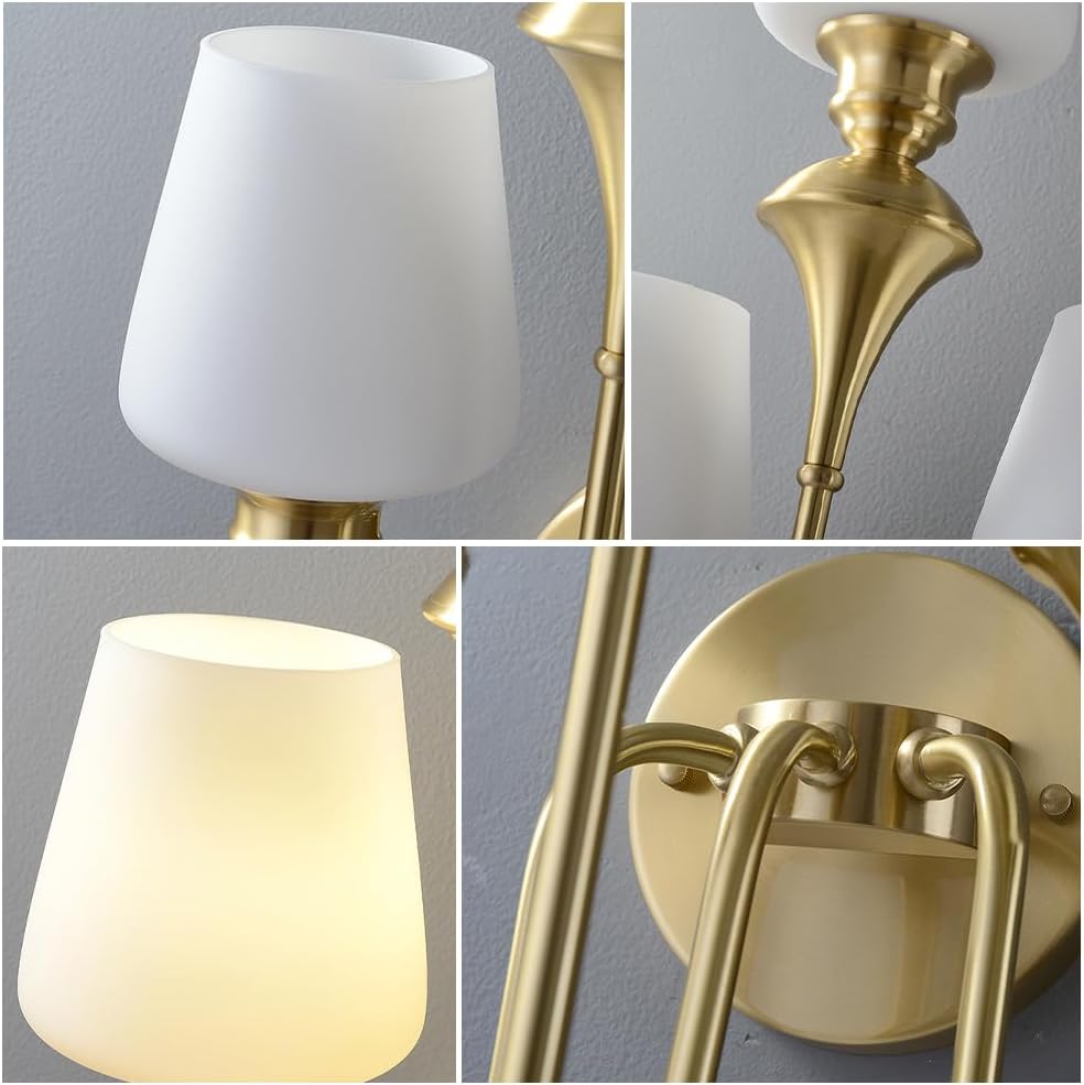 Brass Wall Lights Fixture Indoor, Vintage 3-Lights Wall Sconce Fixtures with Milky White Glass Lampshade, Mid Century Modern Gold Wall Mount Lamps Decor for Farmhouse Living Room Bedroom