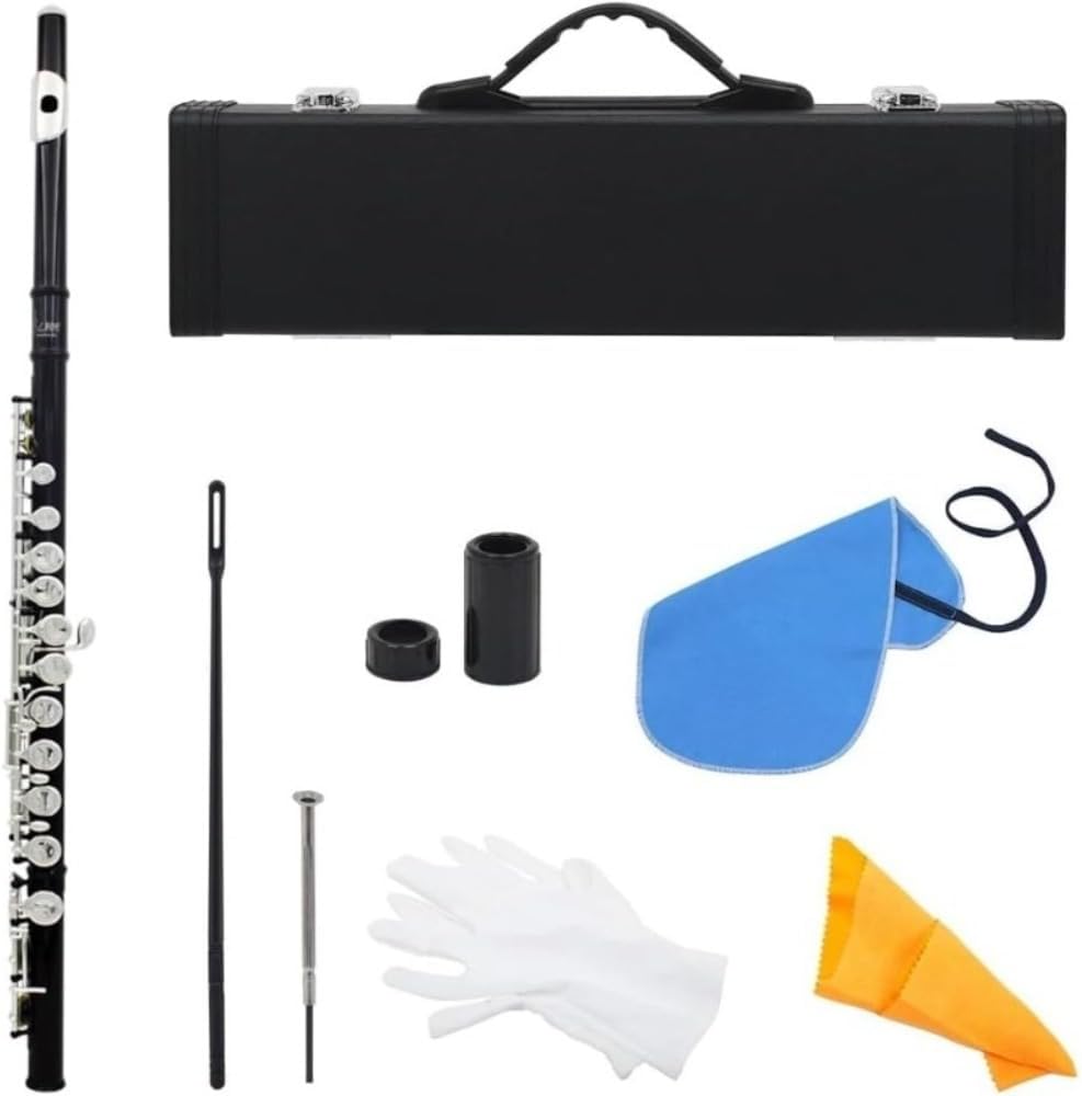 Concert Flute in C Key with 16 Closed Holes, Cupronickel Transverse Flute with Protective Case and Accessories, Black Finish Acoustic Wind Instrument for Practice, Rehearsal and Performance Use