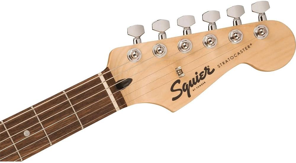 Squier Sonic Stratocaster Electric Guitar California Blue, Laurel Fingerboard, Black Pickguard Bundle with Fender Logo Guitar Strap Black, Fender 12-Pack Celluloid Picks, and Cable