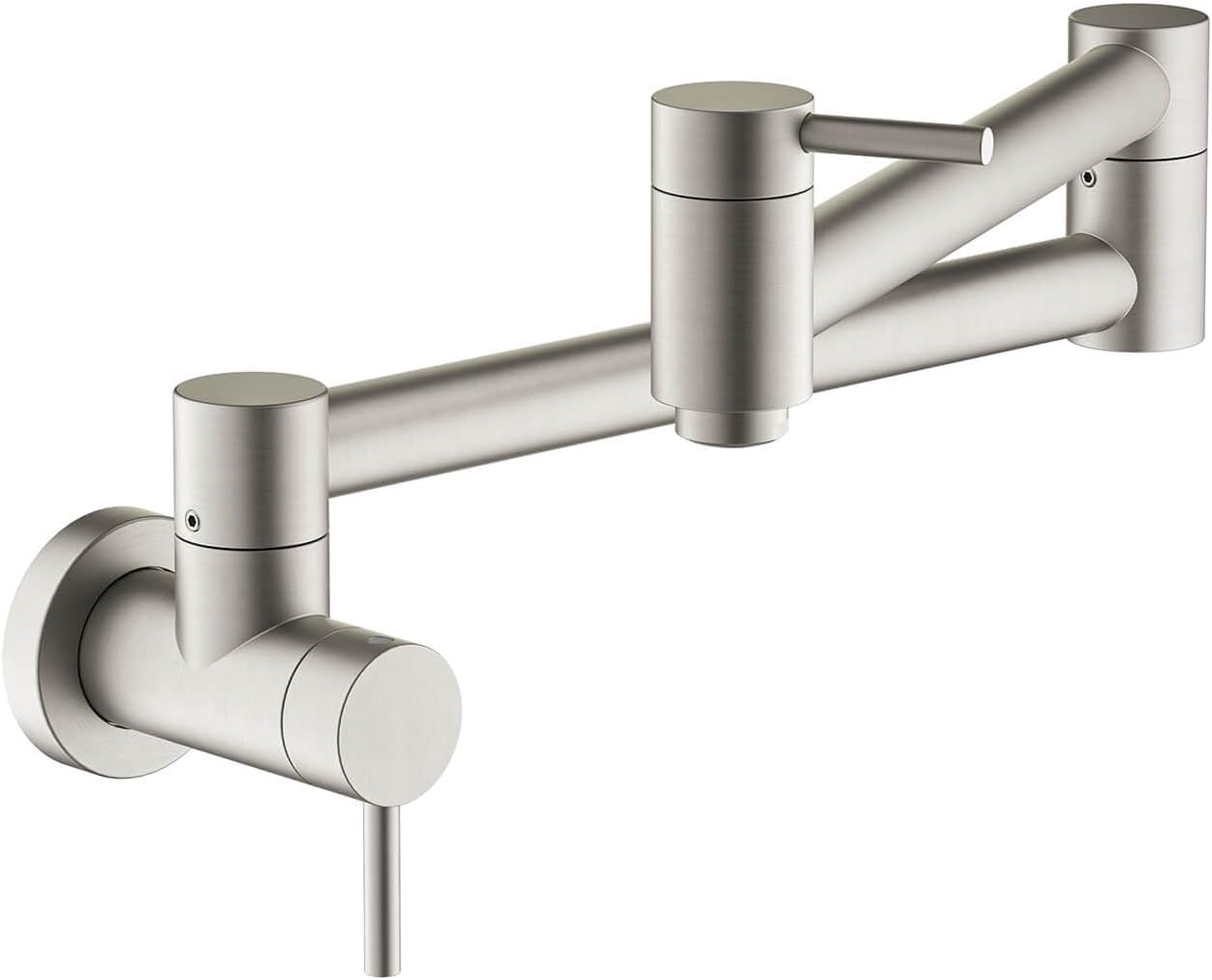 KIBI Brushed Nickel Finish Circular Pot Filler Faucet | Wall Mount Kitchen Faucet | Solid Brass, 360 Degree Swivel, Single Handle, Hot and Cold Water | Kitchen and Bar Use | (KPF601)