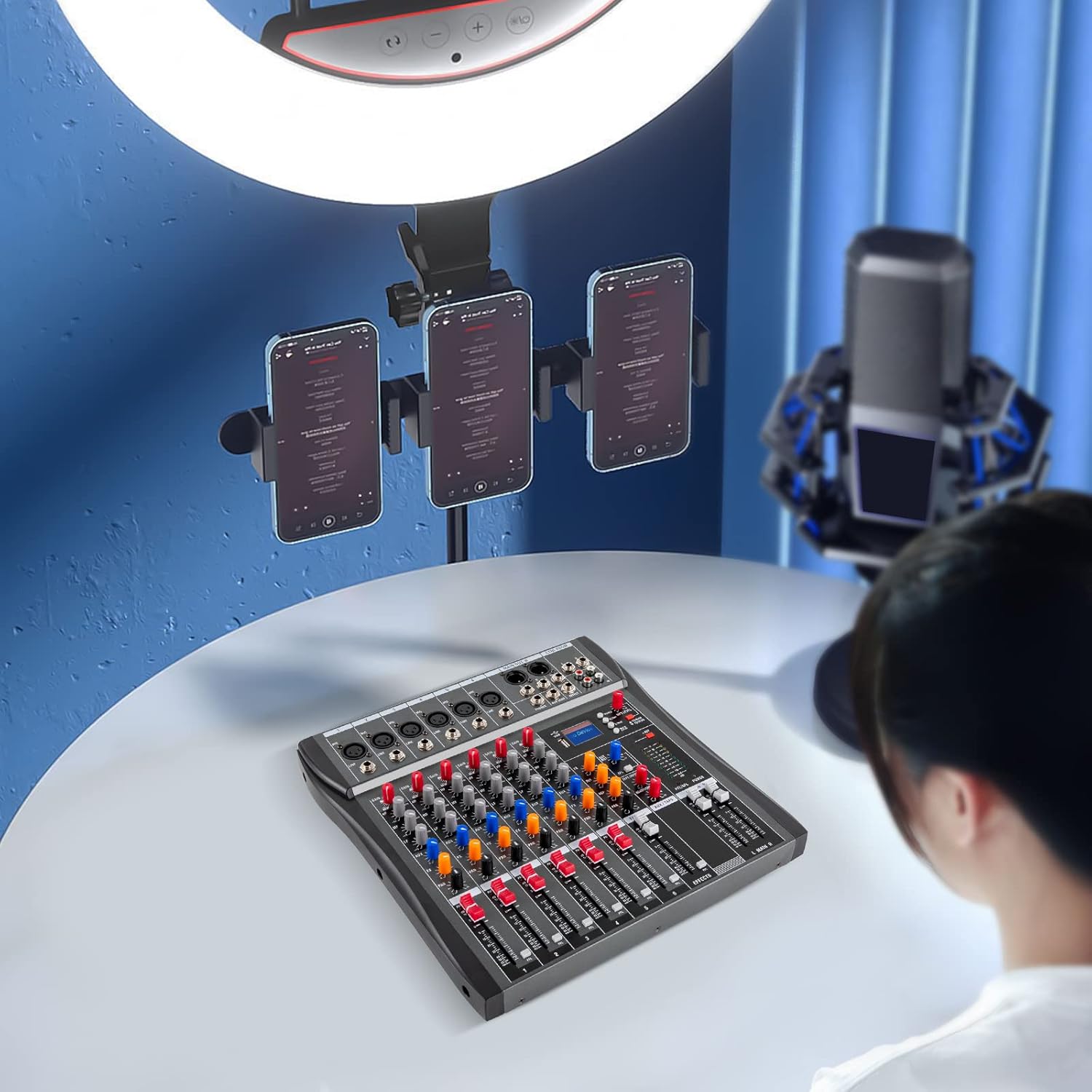 TFCFL 6 Channel Mixing Console Audio Mixer Bluetooth USB Audio Interface 48V Phantom Power Mixer Use for Stereo DJ Studio PC Recording Singing Webcast Party (6 Channel Mixer)