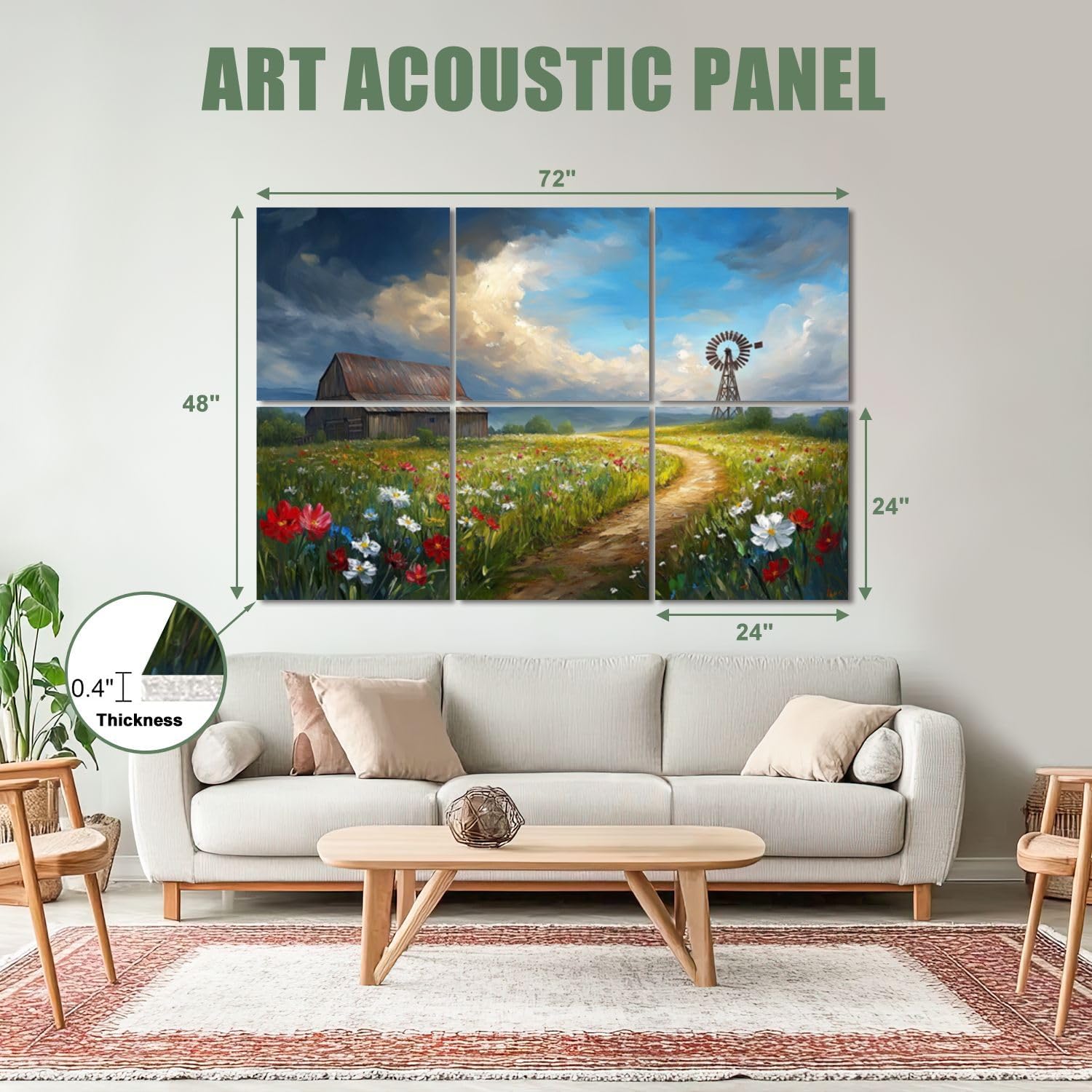6 Pack Art Acoustic Panels Sound Absorbing Rustic Farmhouse Wooden Country Meadow Landscape Blue Sky Wild Flowers Decorative Soundproof Wall Panels Self Adhesive for Recording Studios Office 72