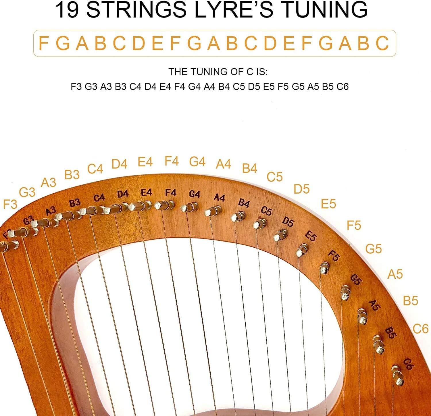 Lyre Harp 19 Metal Strings Heptachord Mahogany Solid Wood String Instrument with Tuning Key and Bag,Best Gift for Beginners, Music Lovers, Kids,Adults (Color : Yellow)