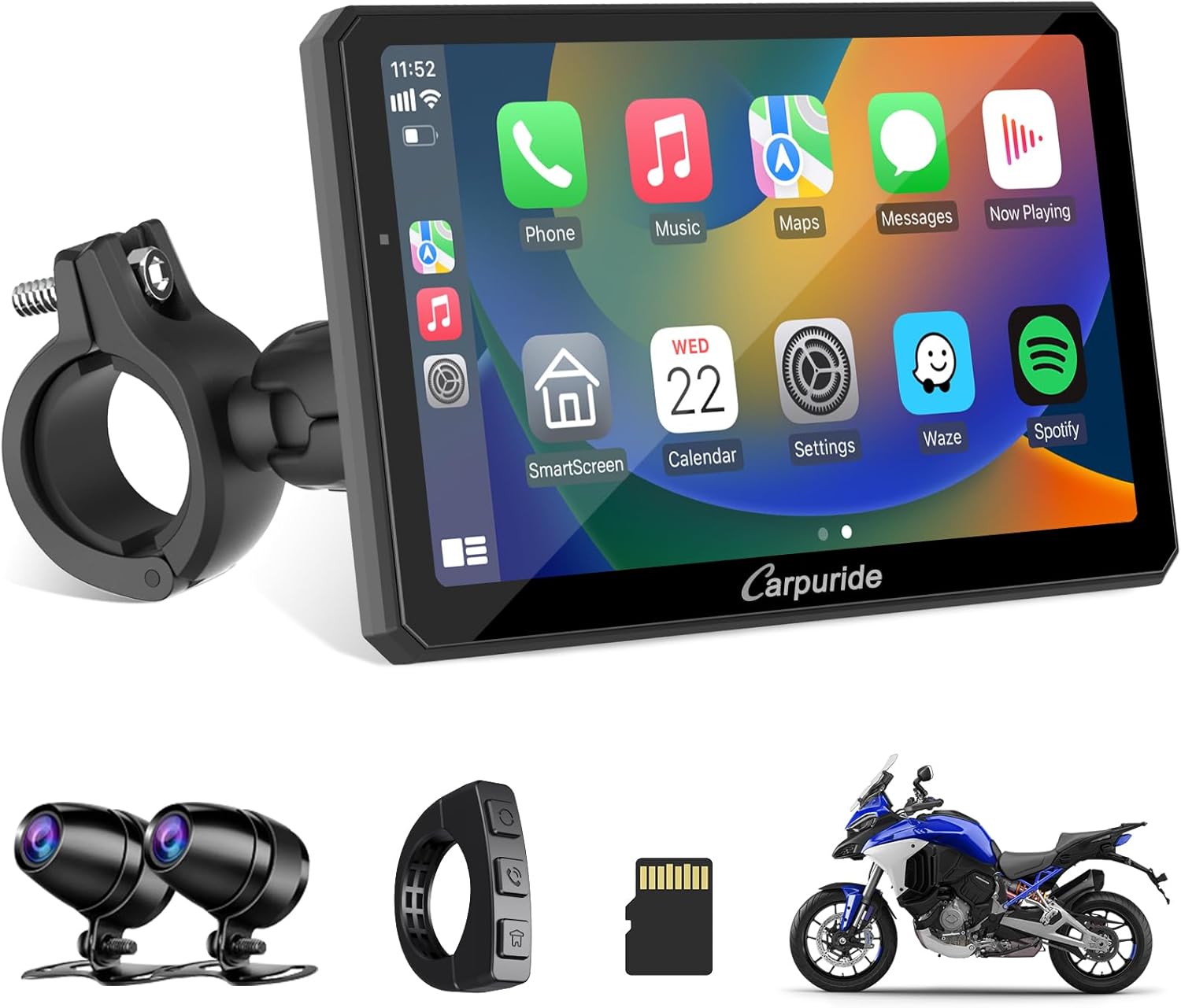 Carpuride W712D Motorcycle Carplay Screen with HD 1080 Dual Dash Cam, Wireless Car Play and Android Auto, 7