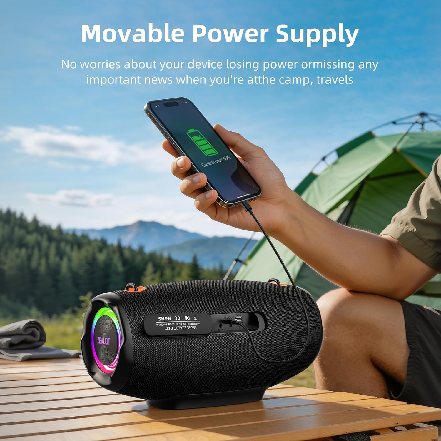 ZEALOT Bluetooth Speaker, 120W MAX Loud Portable Outdoor Speaker Bluetooth with Bidirectional Fast Charging/LED Lights/IPX6 Waterproof/Power Indicator/EQ/TF/AUX