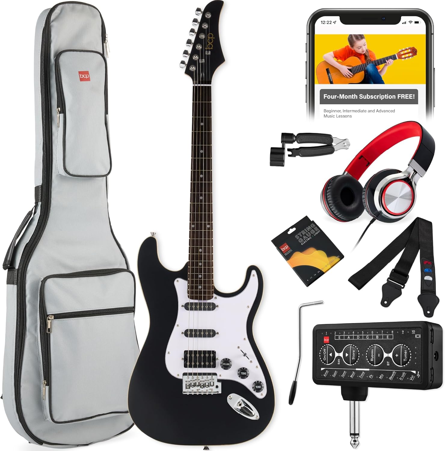 Best Choice Products Beginner HSS Electric Guitar Kit w/Headphone Amp, Padded Gig-Bag, Headphones, Guitar Strap - Satin Black/White
