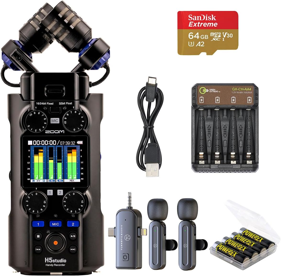 Zoom H5studio 6-Track 32-Bit Float Handy Recorder, Bundle with 3-in-1 Wireless Lavalier Mic, 64GB UHS-I SDXC Memory Card, 4x AA NiMH Batteries, 4-Bay Charger
