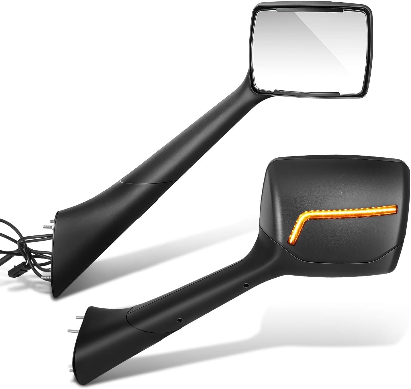 DNA MOTORING Pair of Hood Side View Mirror Compatible with 2022-2025 Peterbilt 579, Injection Molded Satin, Check Mark Style LED Turn Signal Hood Mirror, Black, MIRROR-HAY-022-BK