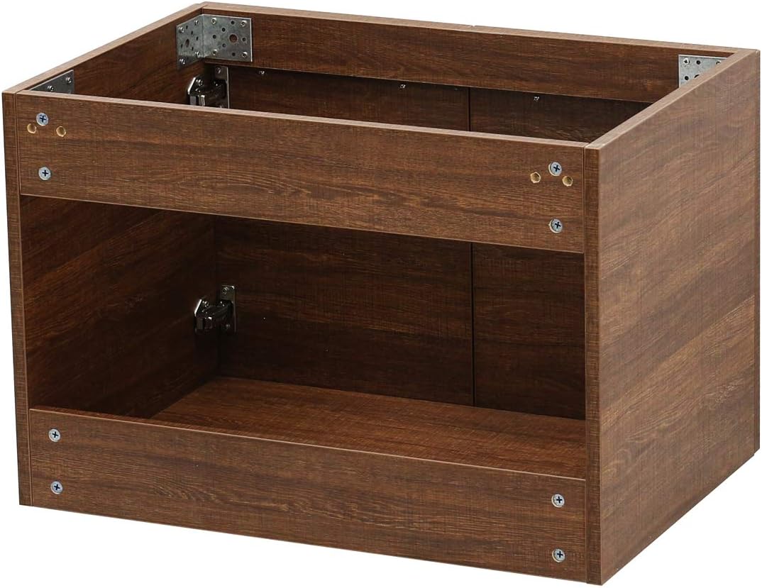 Wall Mount Floating Bathroom Vanity Sink Set. Rustic Brown Vanity, White Flat Stone Countertop Ceramic Sink - 36