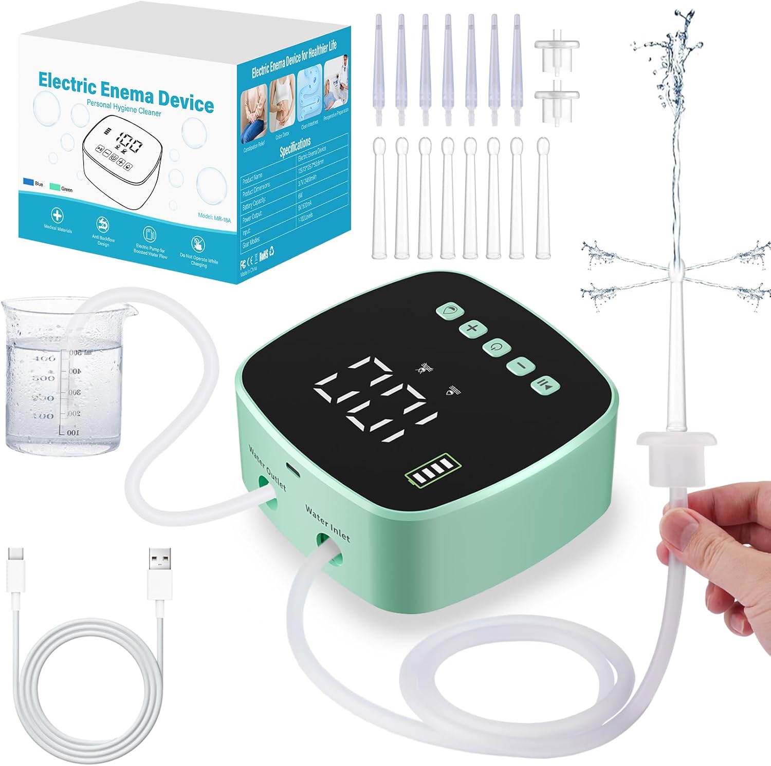 Enema Kit - Electric Enema Kit for Colon Cleanse & Detox for Women Men - Coffee Enema Kit with LCD Display & 1-100 Adjustable Pressure, 2 Type Replacement Nozzles, External Water Supply(Green)