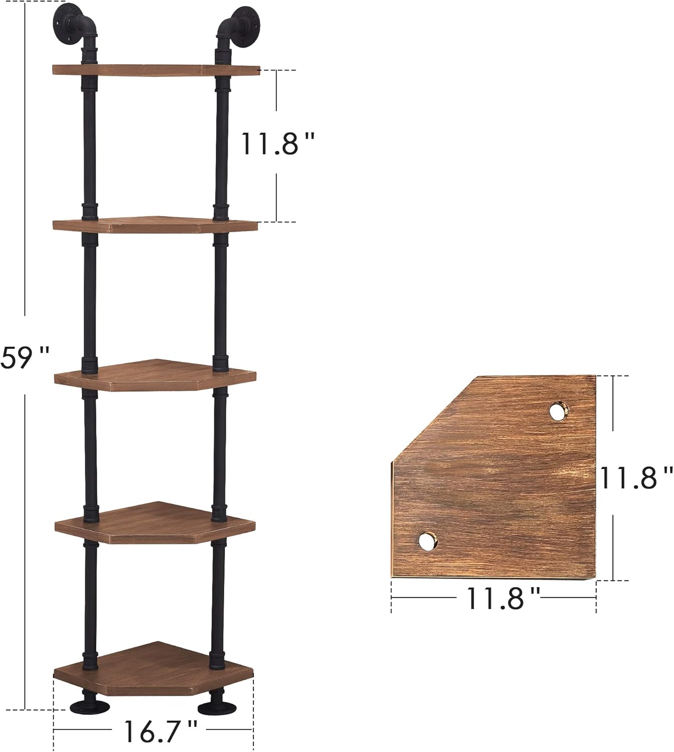 ivinta 5-Tier Bookcase with Storage, Wall Mount Pipe Bookshelf with Solid Wood for Living Room Bedroom Home Office BS505BRN (Rustic Brown)