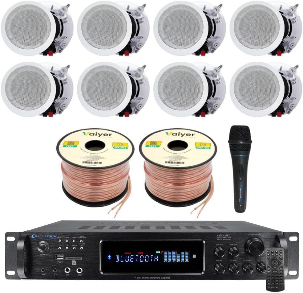 Vaiyer Framed Ceiling Speakers Kit – 8X 5.25” 175W Flush Mount Ceiling Speakers, 7.2 Channel 3500W Bluetooth Amplifier, Mic & 500ft Wire – in Ceiling Speaker System for Home Theater, Office Use
