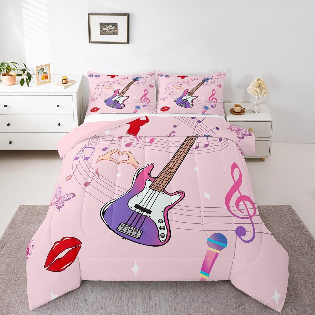Erosebridal Bass Electric Guitar King Bedding Set,Pink Music Note Comforter Set,Microphone Disco Ball Comforter for Women Girls,Musical Theme Bedroom Room Decor,2 Pillowcases Reversible