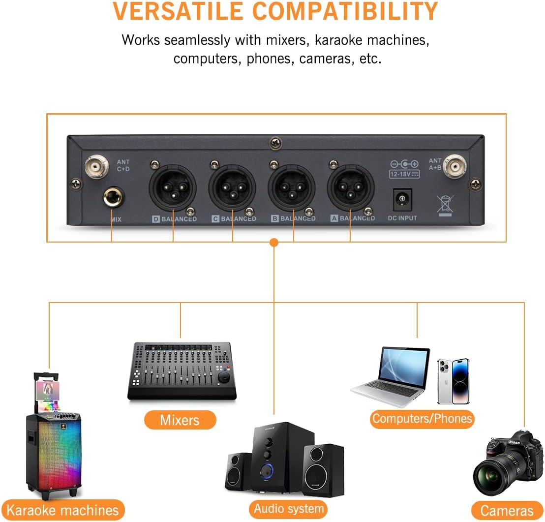 Wireless Microphone System, 4 Channels 4x50 Adjustable UHF Handheld Wireless Microphone Metal Shell for Church, Party, Singing, Speech YU-E40 Cordless Microphone