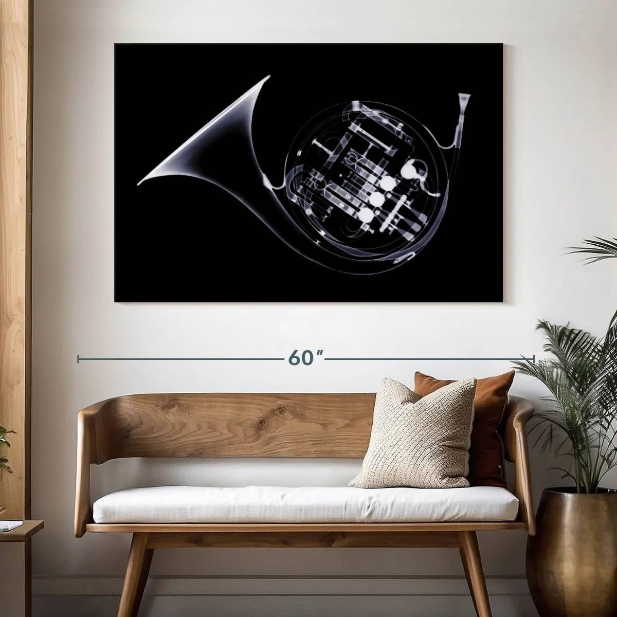 ElephantStock - French Horn X-ray Wall Art - Horizontal Canvas Wall Art - Living Room Wall Decor - Photography Music Canvas Art - Black And Gray Decor - 51