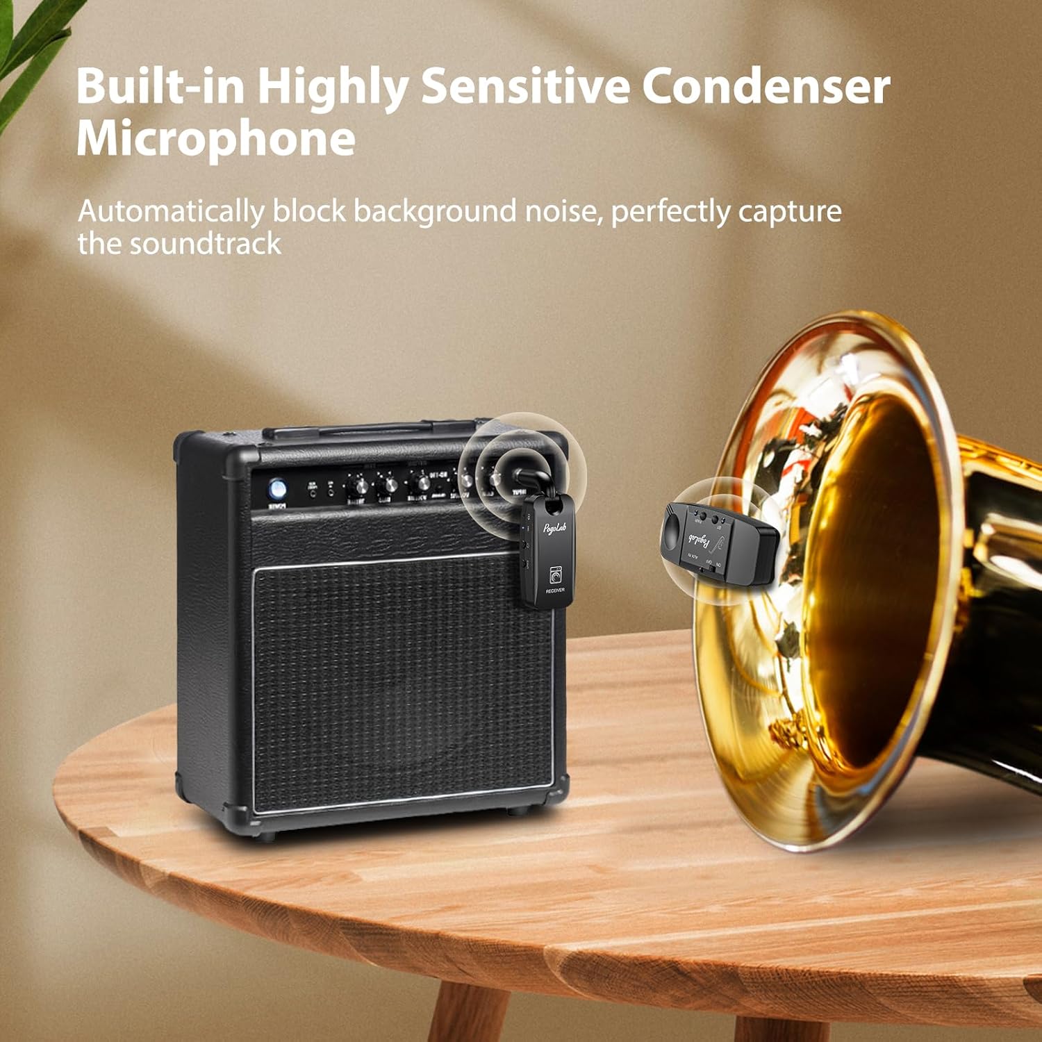 UHF Wireless Saxophone Microphone System, Rechargeable Mic Pickup System with Storage Case, 164 Feet Range, Clip-On Transmitter with Treble/Bass/Middle Adjustment, for Most Brass Instruments