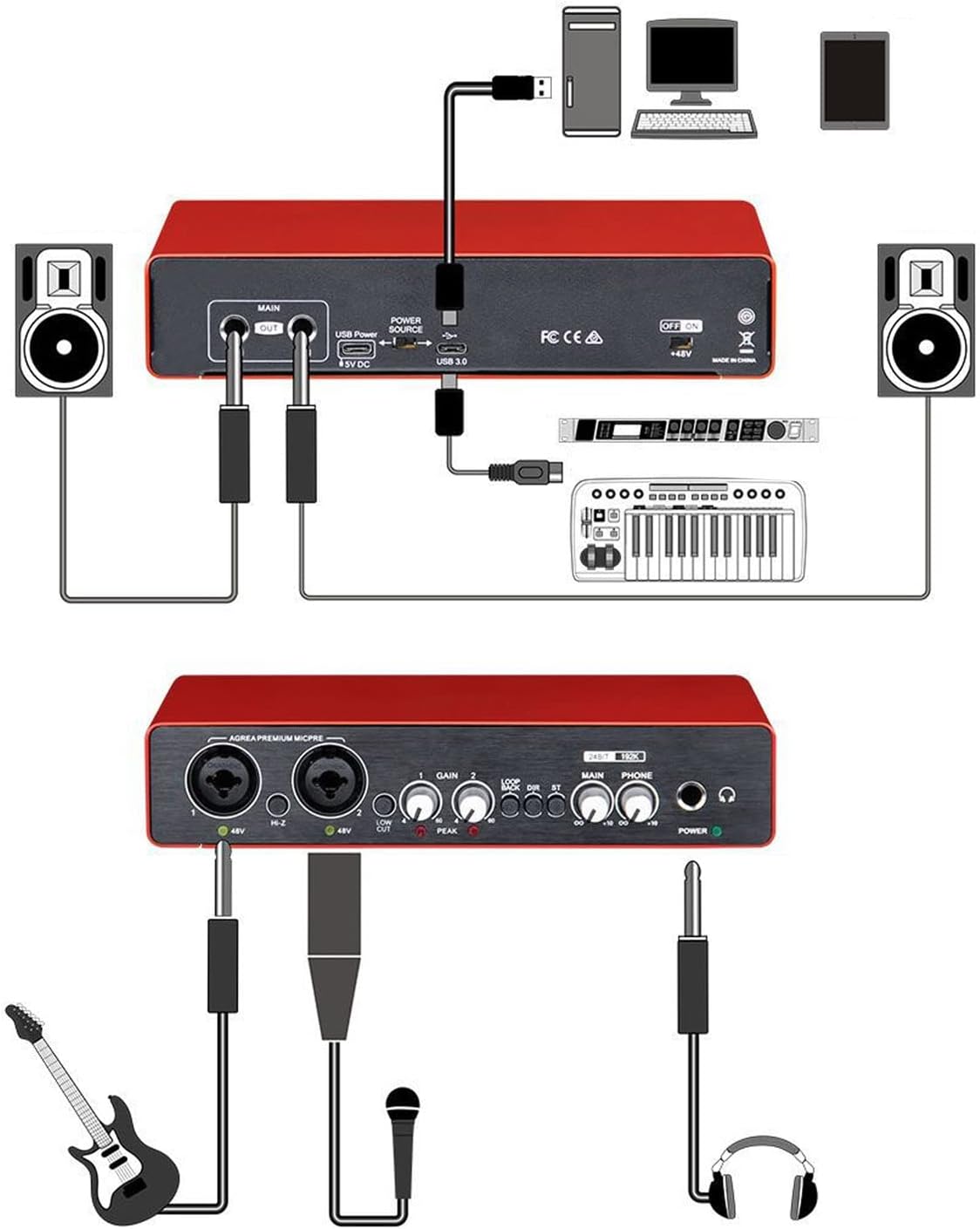 USB Sound Card,External Sound Card for Laptop,24 Bit 192kH HD Sound Card with Gain Knob for PC Smartphones Guitars Mic Headphones,Low Cut High Pass Filter