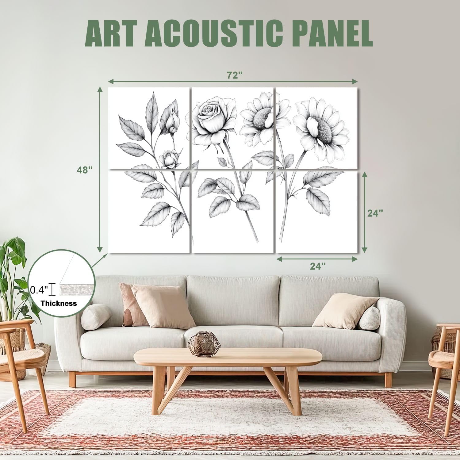 6 Pack Art Acoustic Panels Sound Absorbing Daisies Navy Flower Sunflower Leaves Stem Petals Black drawn Decorative Soundproof Wall Panels Self Adhesive for Recording Studios Office 72