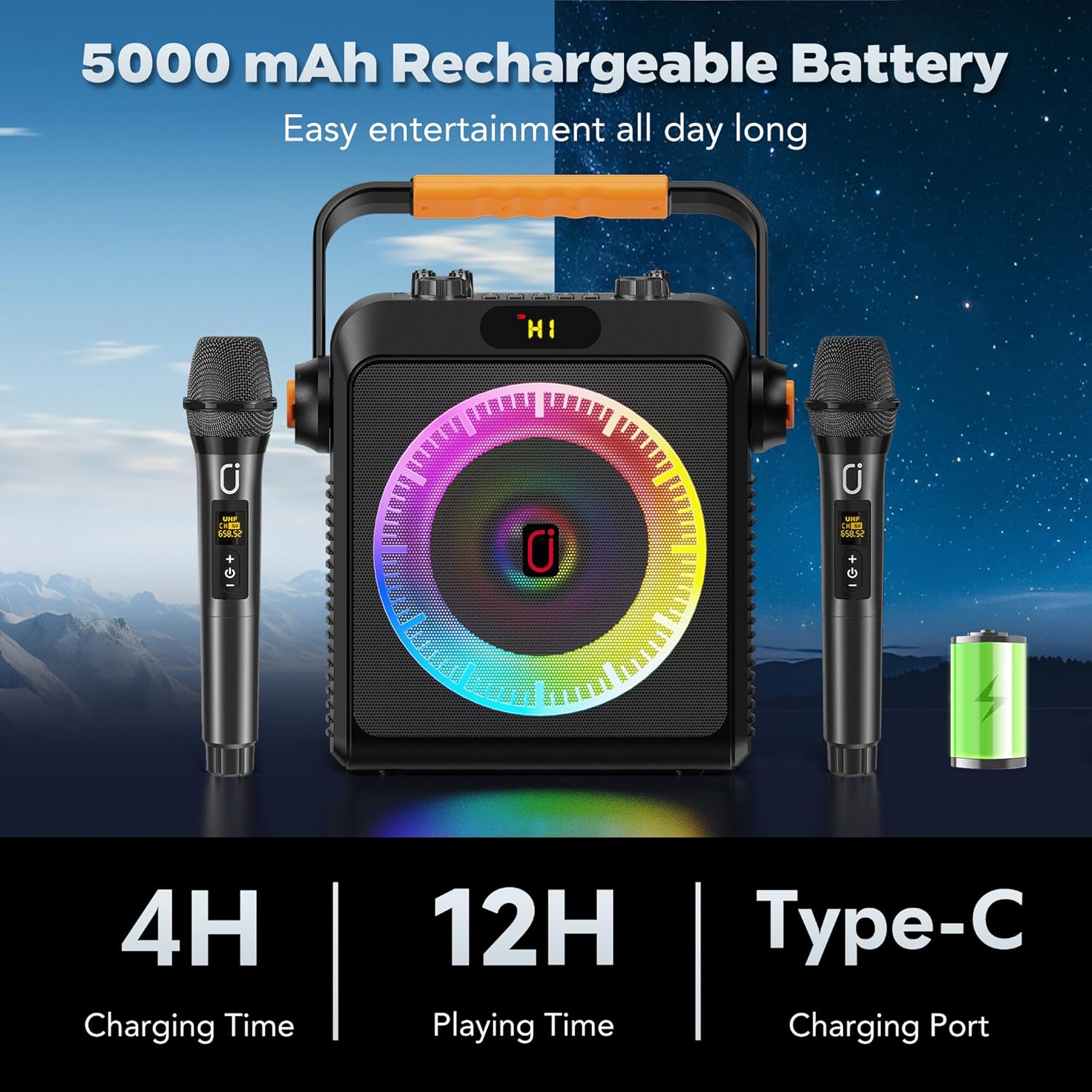 Karaoke Machine with 2 Wireless Microphones for Adults, Bluetooth 5.3 Speaker with Upgraded Subwoofer, Bass Boost | Home Party PA System, Outdoor Gatherings, Support TV/AUX/USB/TF Card/Live