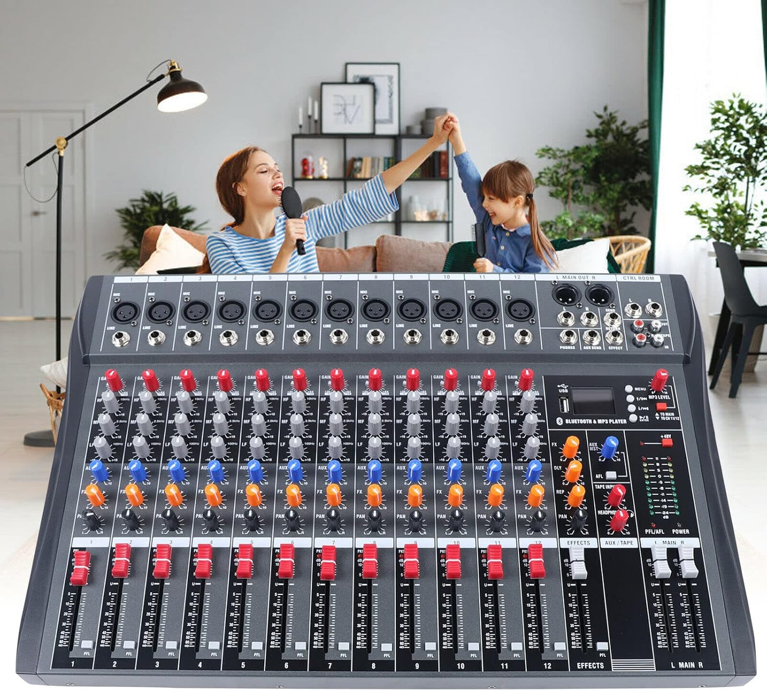 Professional Audio Mixer Sound Board Console,12 Channel Studio Audio Mixer,Bluetooth USB Live Studio Audio Mixing Power Mixing Amplifier Studio Audio DJ KTV Mixing Console USB Slot