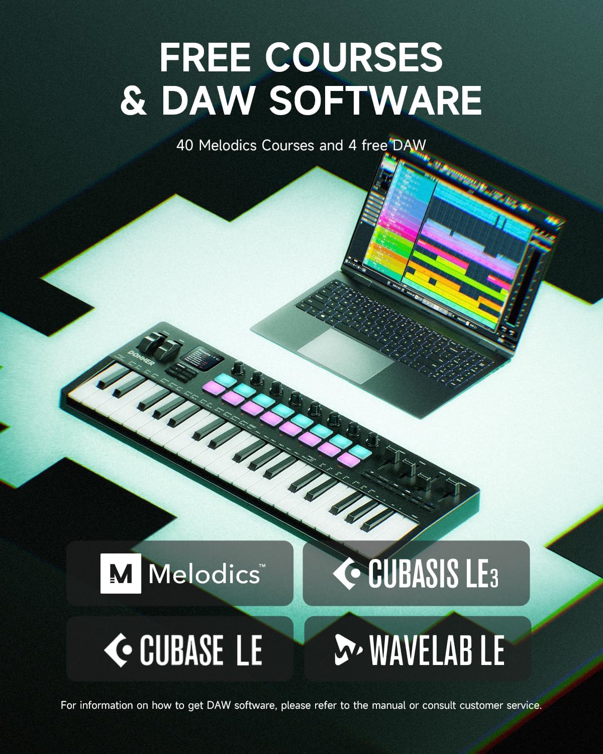 Donner STARRYKEY-37 PLAY MIDI Keyboard Controller, 37 Key Portable MIDI Controller with 128 Build-in Voices, 16 Drum Pads, Arpeggio, Sequencer, USB/Wireless Connection, 4 DAW Software & 40 Courses