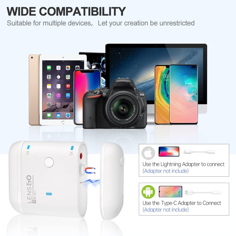 LENSGO 318C II 2.4GHz Dual Clip on Wireless Lavalier Microphone for DSLR/SLR Camera Camcorder iPhone Android Rechargeable Lapel Mic for Video Recording Interview TikTok YouTube Live Streaming -B