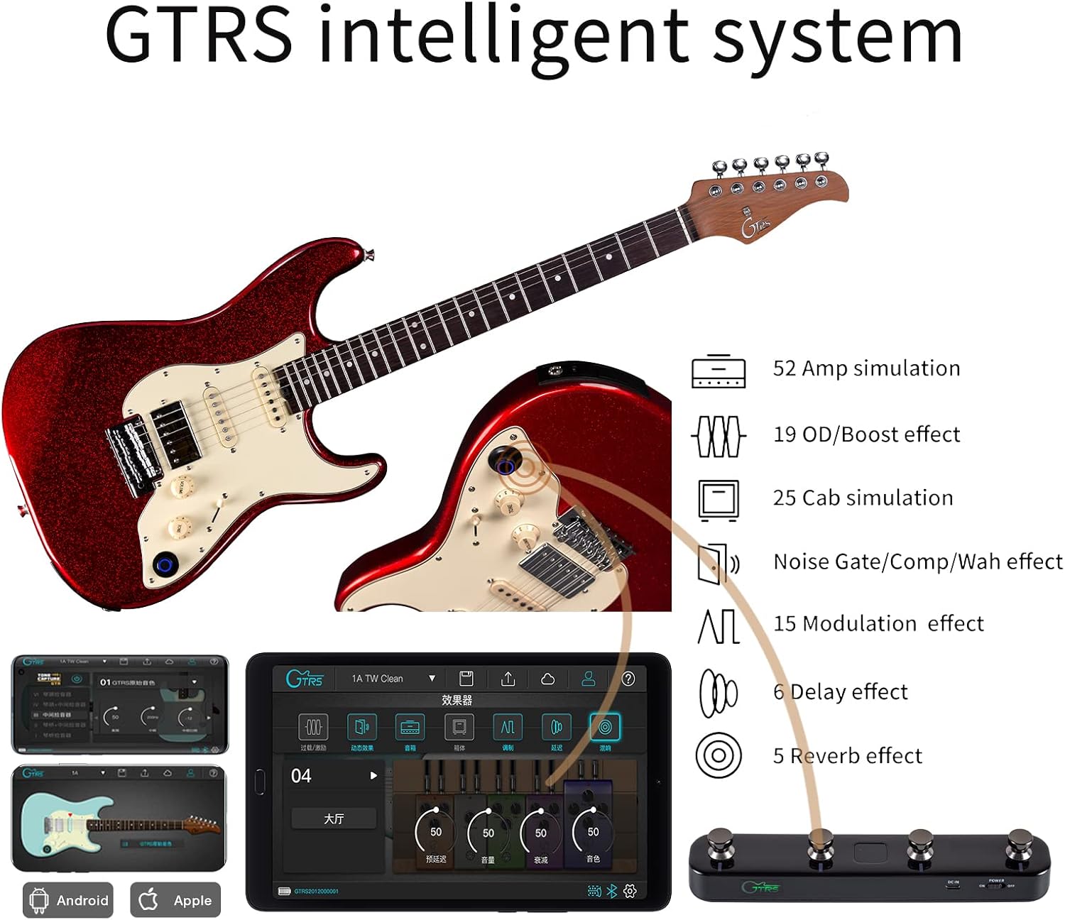 GTRS S800 Smart Electric Guitar Kit with Effects System, HHS Pickup, Loop Drum Machine, 12 Hours Battery Life, Rosewood Fretboard Glossy Paint for Beginner, Professional Player, Performance