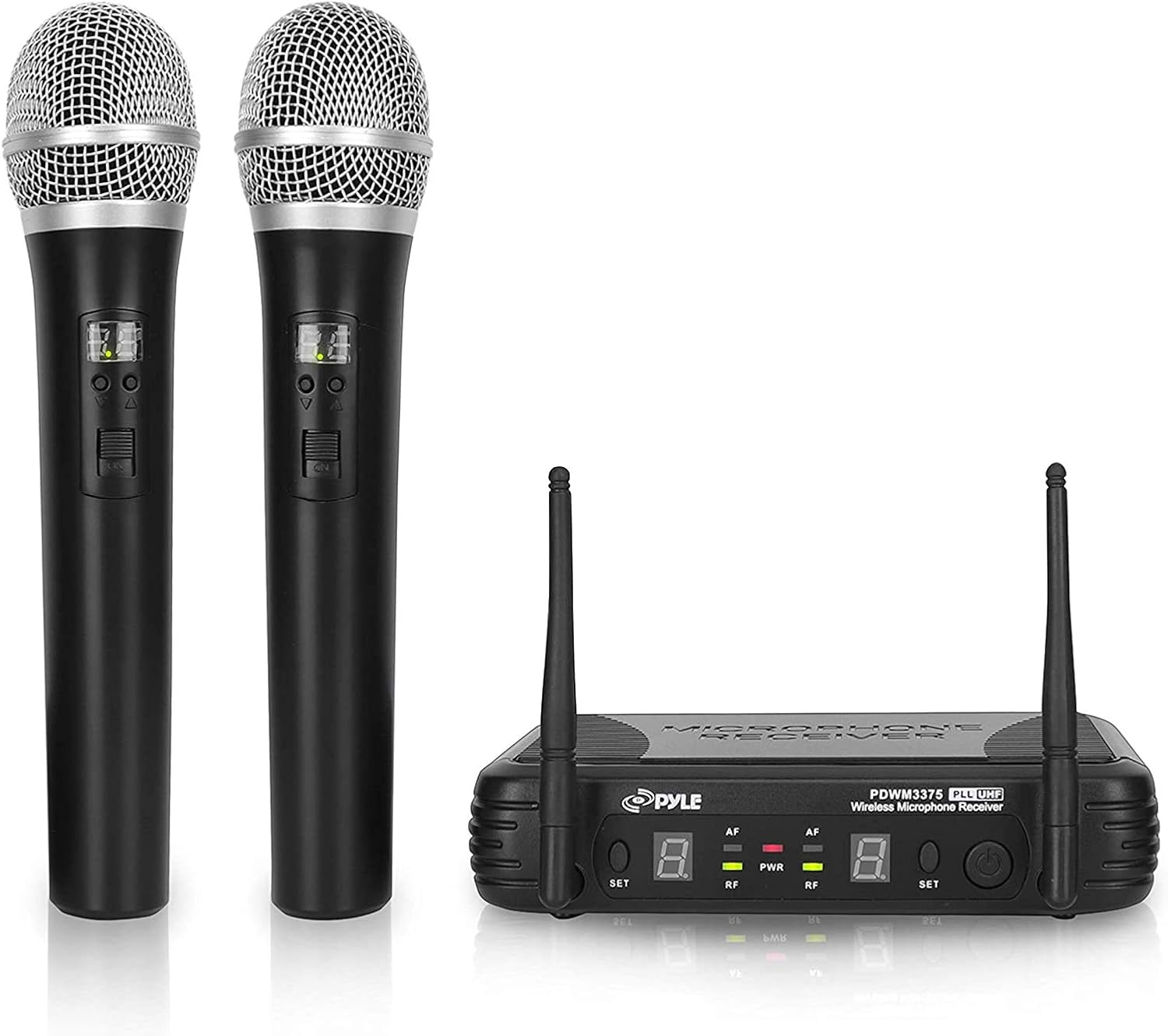 Professional Wireless Handheld Microphone System - Dual UHF Band, Wireless, Handheld, 2 MICS w/ 8 Selectable Frequency Channels, Independent Volume Controls, AF & RF Signal Indicators - Pyle