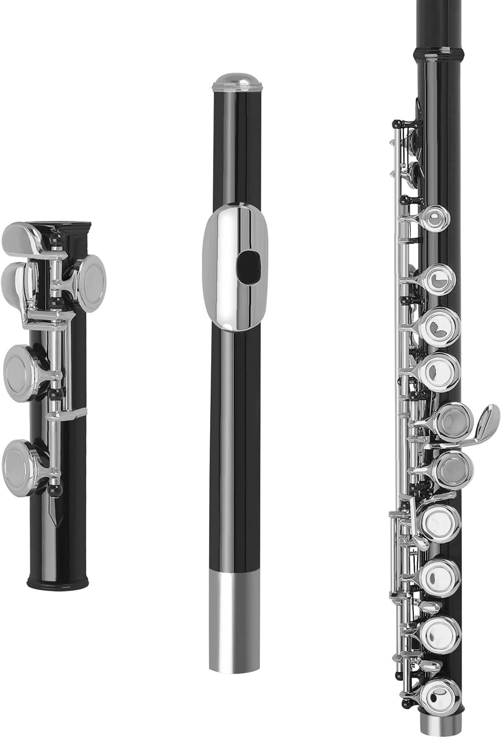 Flute Kit 16 Holes C Key Flute Western Concert Flute Cupronickel Nicke Plated Woodwind Instrument& Cleaning Cloth Stick Gloves Mini Case Intermediate Flute (Color : Black)