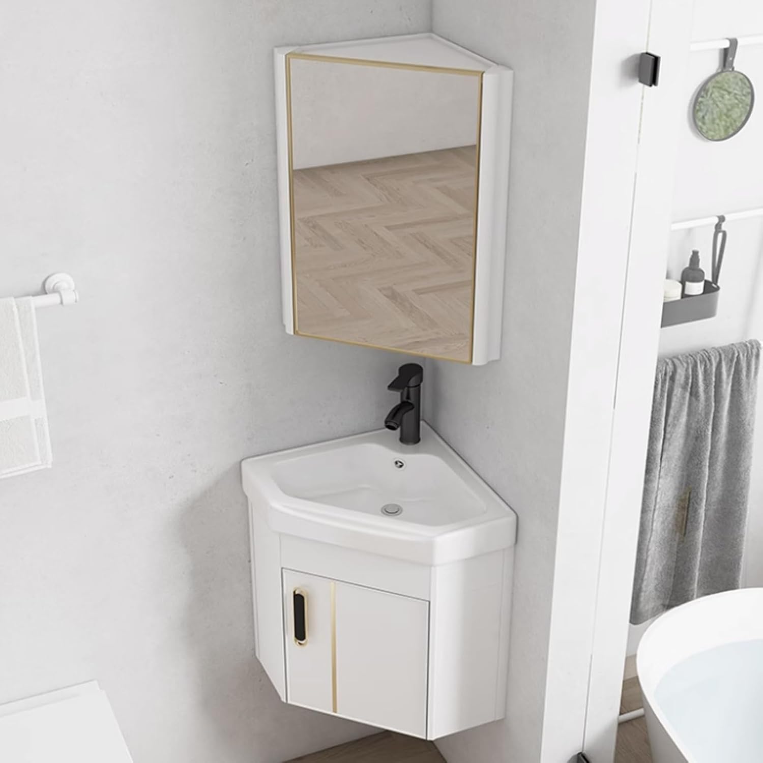 Corner Wall Mount Bathroom Sink, Corner Bathroom Sink, Bathroom Sink with Storage Container, White Ceramic Sink for Small Space, Single-Apartment(56cm/22in)
