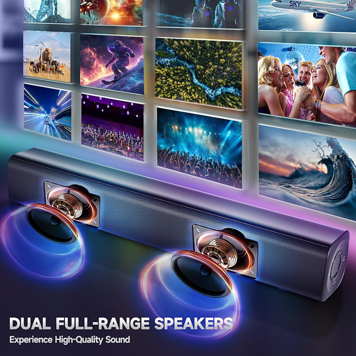 Sound Bar Speakers Bluetooth Wireless, TV Speakers Sound Bar Subwoofer, Home Theater Surround Sound Bar HDMI(ARC) Optical AUX USB 2.1ch Home Audio Sound System TV PC Wall Mount, Black