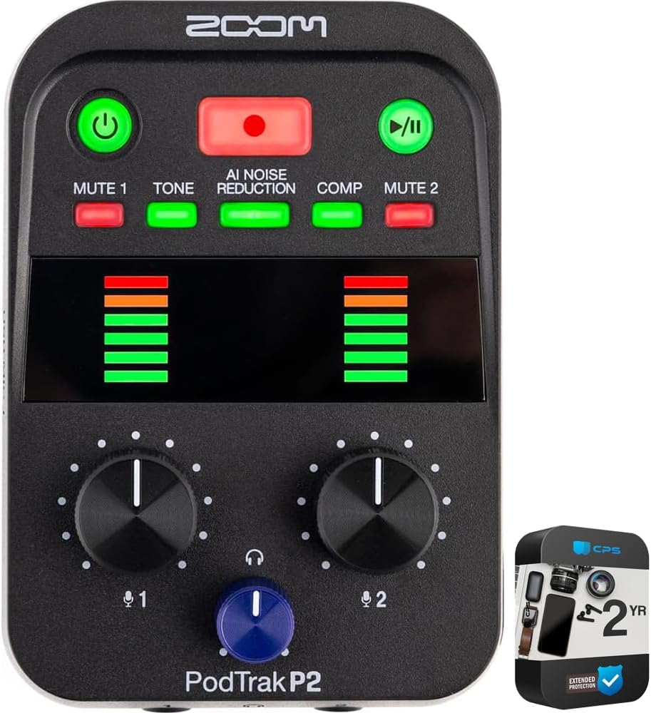 Zoom ZP2 PodTrak P2 Dual USB Mic Portable Podcast Recorder Bundle with 2 YR CPS Enhanced Protection Pack