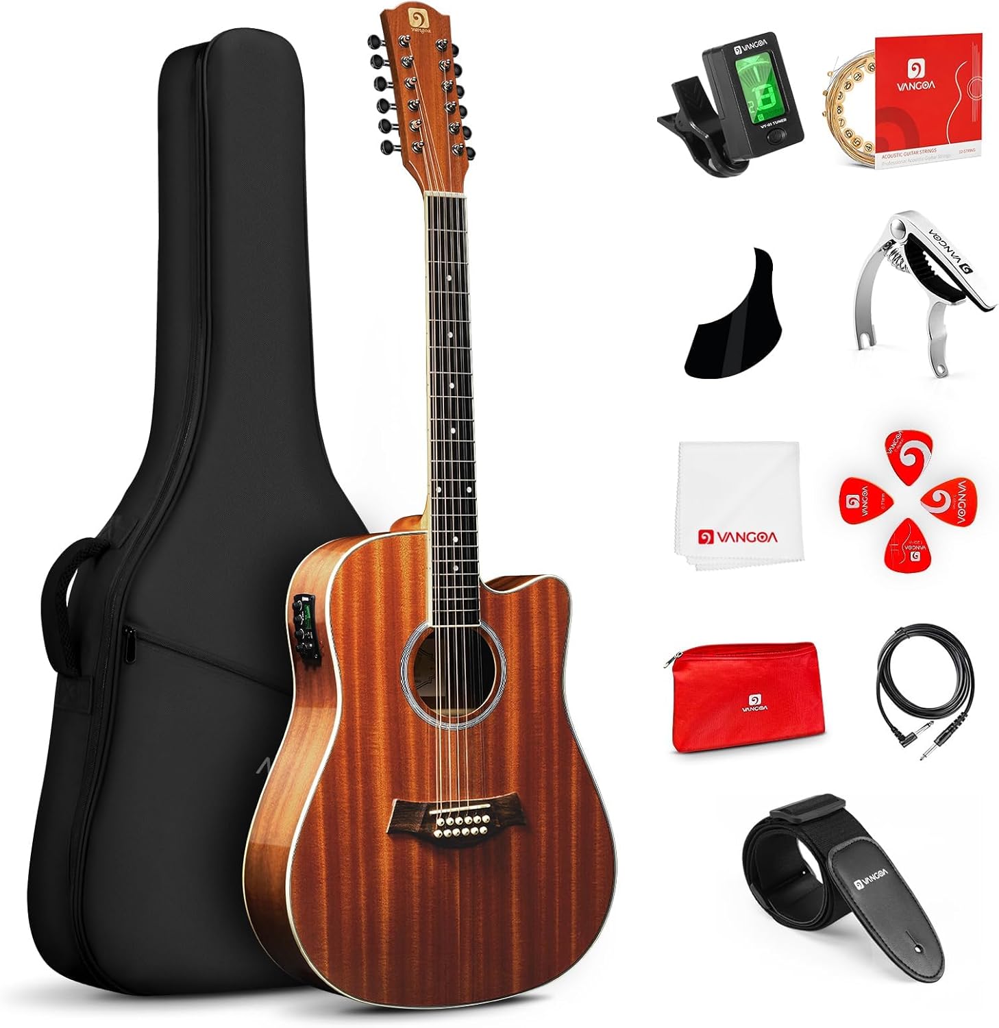 Vangoa 12 String Guitar Acoustic Electric, Upgraded Guitar 12 Strings Bundle for Beginner Intermediate Adults Teens, Guitarra de 12 Cuerdas, Sapele Body Bone Nut, Brown Glossy