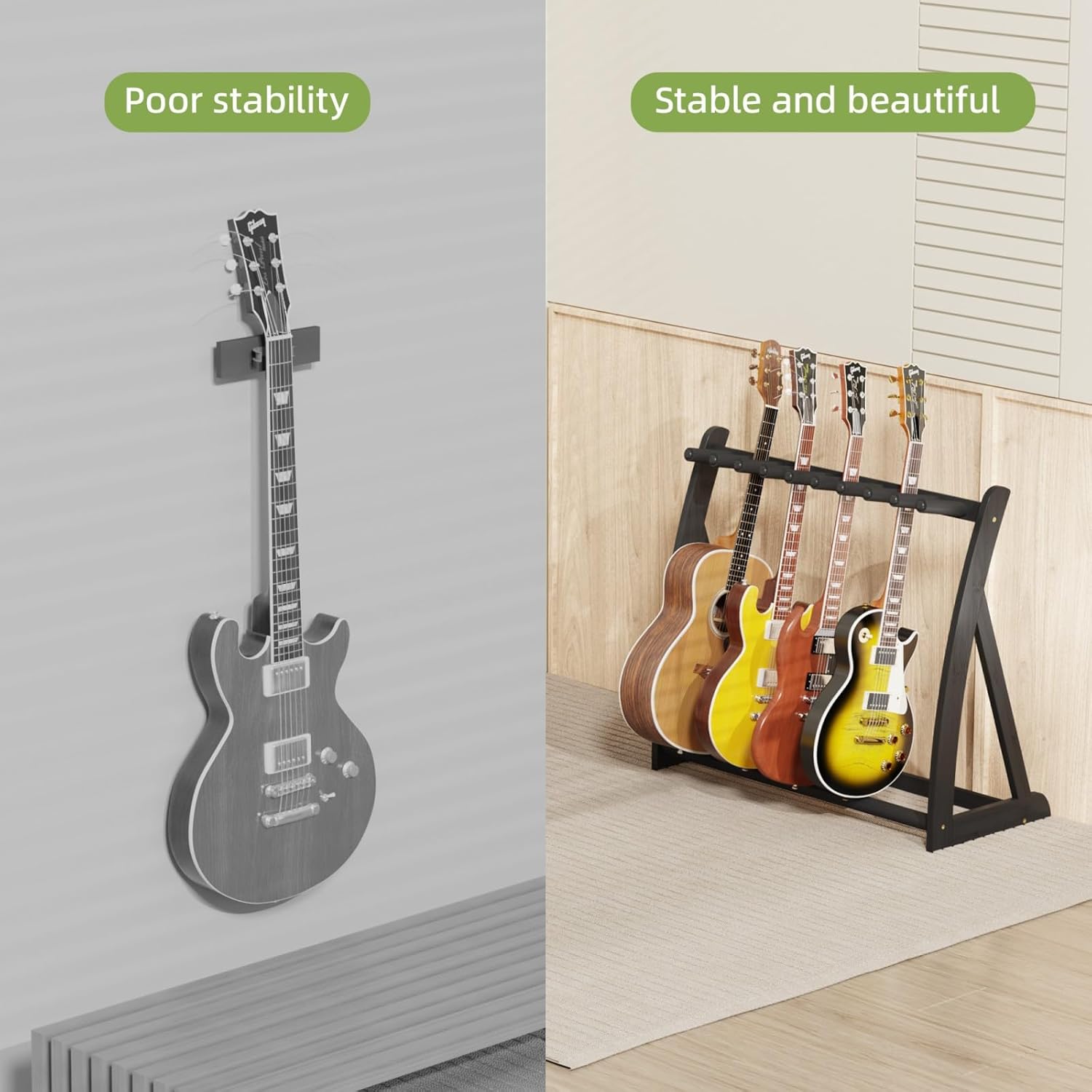 Multi Guitar Stand Heavy Duty - Wood Floor Stand for Electric Guitar and Bass, Adjustable Non-Slip Guitar Rack, Holds Multiple Guitars & Basses (Electric Guitar Stand, Bass Stand, Wood Guitar Stand)