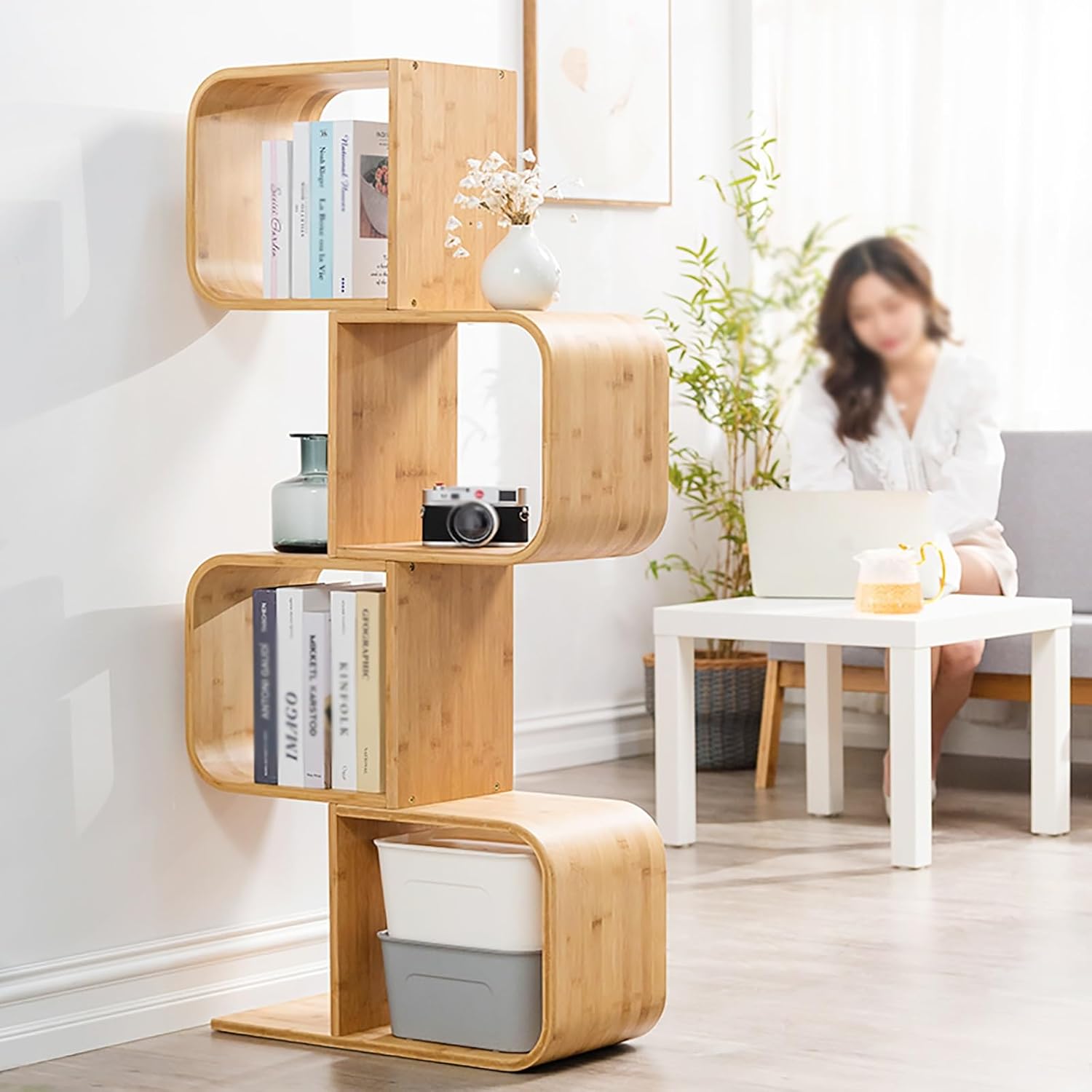 Bamboo Bookshelf with Open Cubes, Geometric Corner Bookcase, Decorative Storage Organizer, Floor Storage Display Shelf Rack for Living Room, Home Office(99cm/39in)