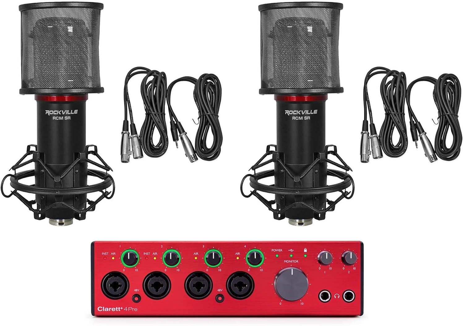 Audiosavings Bundle: Focusrite Clarett+ 4Pre USB-C Audio Recording Interface, 4 Mic Preamps/JFET Bundle with (2) Rockville RCM SR Studio/Recording Condenser Microphone (3 Items)